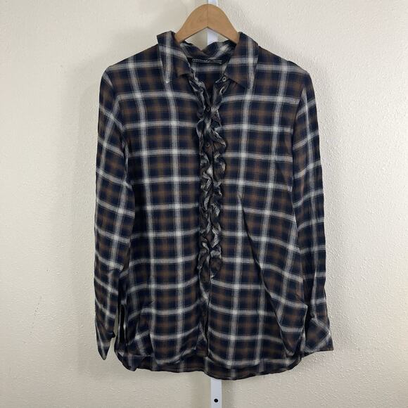 Peruvian Connection Fiona Plaid Ruffle Button Down Shirt M Medium Boho Western - Picture 3 of 6